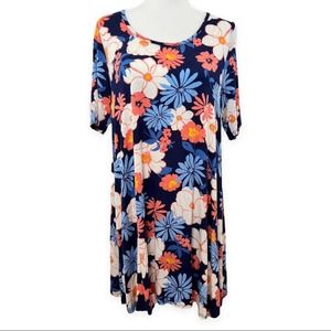 Kori America | Women's Blue Floral Keyhole Casual Short Sleeve Mini Dress